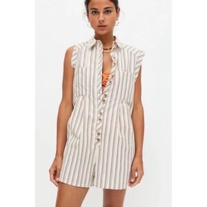 Urban Outfitters Brwn Striped Sleeveless Button Down Romper Small Cotton Utility